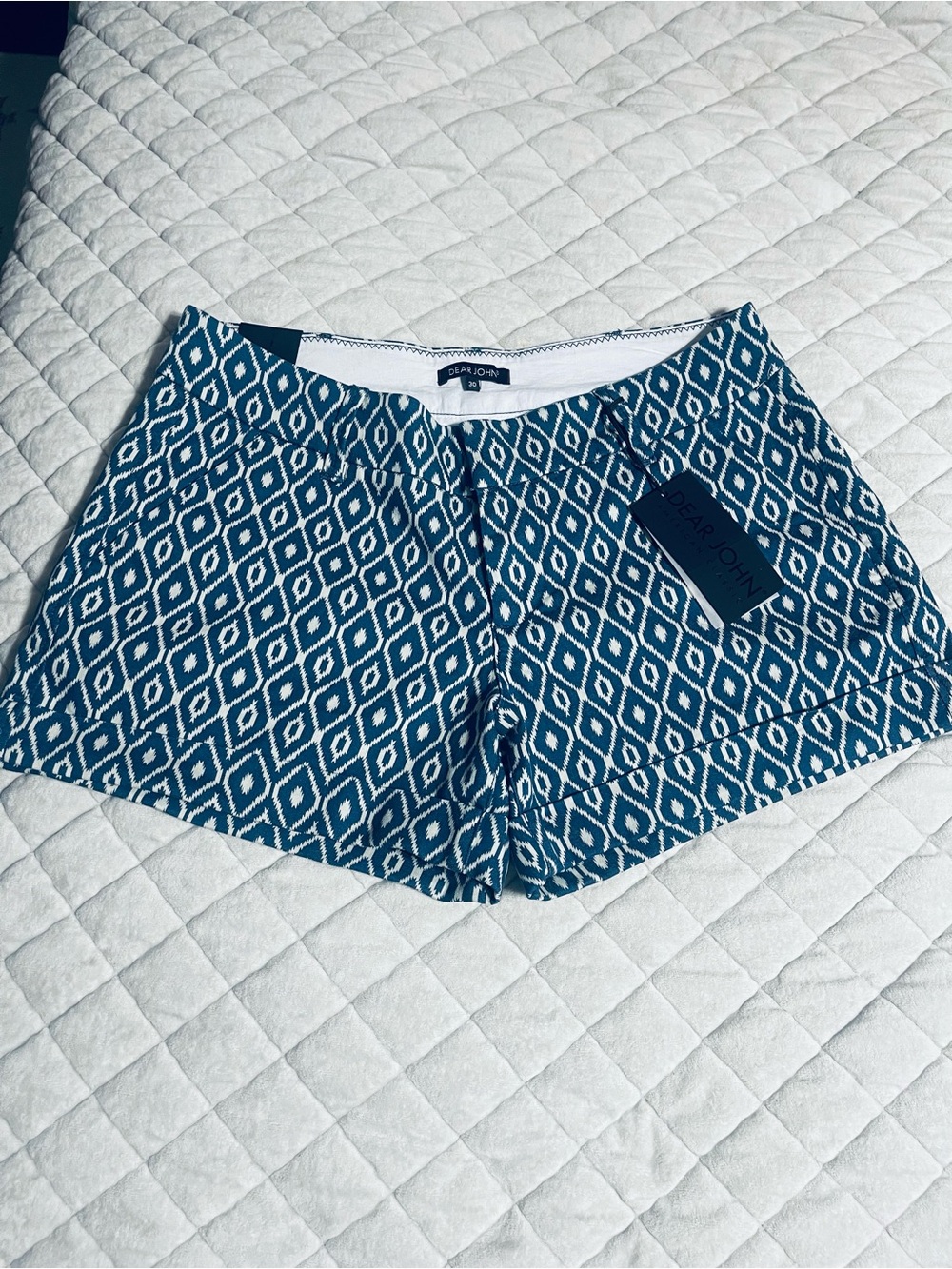 Dear John Teal and White Diamond Print High-Waist Shorts